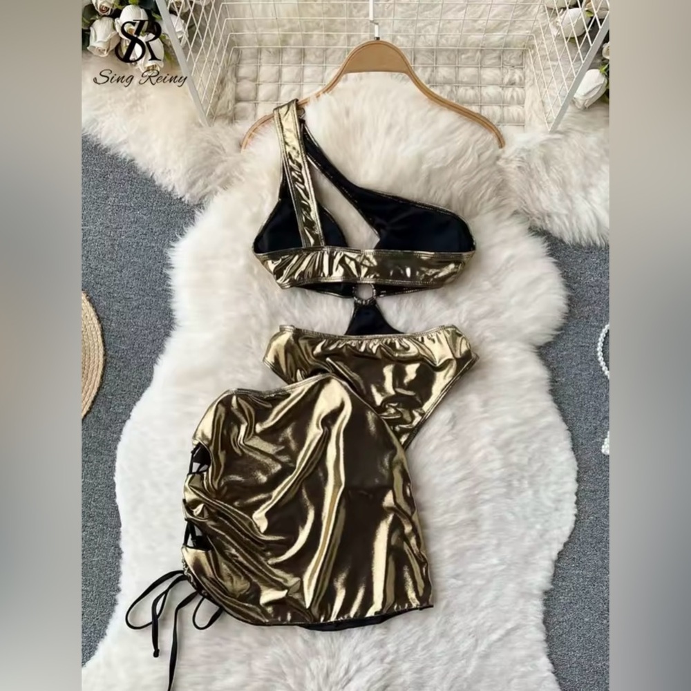 Sexy Gold 2-Piece Bikini – Asymmetrical Push-Up Top with Hip Beach Skirt - Picture 7 of 10